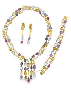 Estate Vintage Gold and Multi-Colored Gemstone Necklace Bracelet and Earrings Suite 