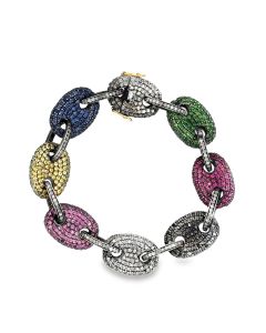 Estate Yellow Gold Sterling Silver and Multicolored Gemstone Gucci Link Bracelet
