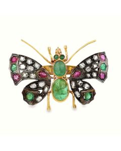 Estate Antique Diamond Emerald and Ruby Insect/Butterfly Brooch