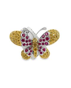 18K Gold Fancy Yellow Diamond Ruby Butterfly Brooch