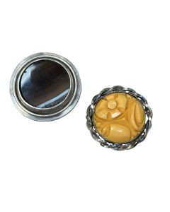 Two Vintage Agate and Amber Circular Brooches.