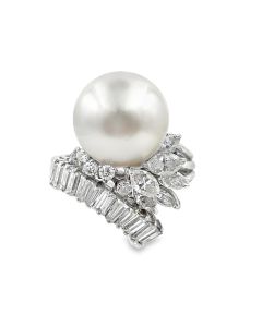 Vintage 14K White Gold Cultured South Sea Pearl Diamond Ring 