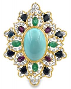 Vintage Diamond, Sapphire, Ruby and Emerald Brooch.