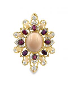 Vintage 14K Coral, Diamond and Ruby Brooch / Pendant