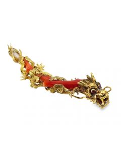 Vintage 14K Yellow Gold and Coral Dragon Brooch 