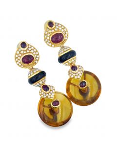 Vintage Marina B Inspired Diamond Ruby and Citrine Ear Pendants 