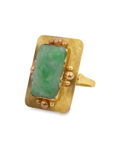 14K Yellow Gold Retro Carved Jade Ring