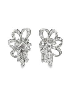 Vintage Platinum Diamond Knotted Bow Earrings.