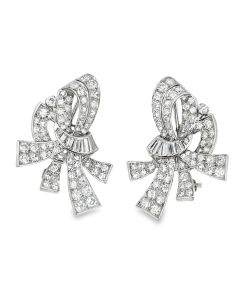 Retro Platinum Diamond Knotted Bow Earrings. 