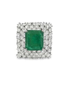 Vintage 18K White Gold Diamond & Emerald Cocktail Ring.