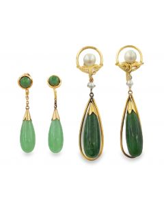 Assortment Lot of Five Vintage Silver & Gold Jade Earrings.