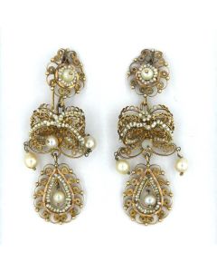 Victorian Gold Spanish Filigree and Natural Pearl Ear Pendants.