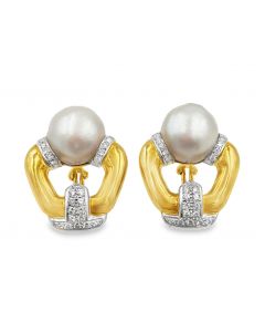 Vintage 18K Baroque Pearl and Diamond Doorknocker Earrings