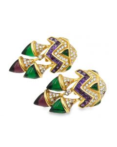 Vintage 18K Gold Diamond and Gemstone Fish Ear Pendants.