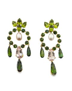 18K Yellow Gold Peridot, Kunzite, Chrome Dioptase & Pearl Ear Pendants 