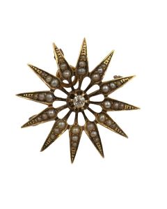 Victorian 14K Yellow Gold Diamond and Seed Pearl Flower Brooch.