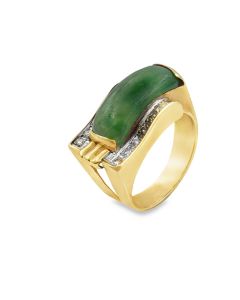 Retro Yellow Gold Jadite Jade and Diamond Buckle Ring