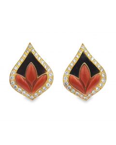 Fine Vintage French Yellow Gold Diamond, Coral and Onyx Leaf Earrings