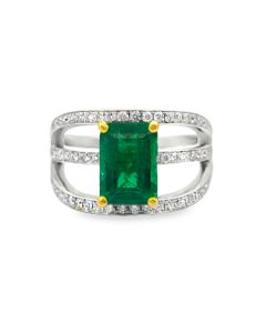 18K White Gold Diamond and Emerald Ring.