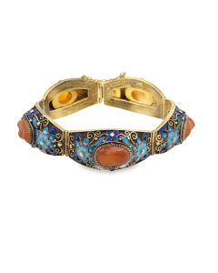Vintage Chinese Export Enamel and Carnelian Gild Silver Bracelet. 