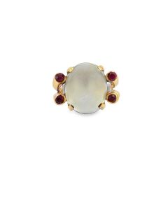 Vintage 14K rose gold moonstone and ruby ring