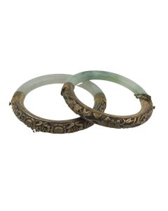 Chinese Export sterling silver repoussé jade bangle bracelets