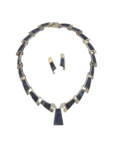 Estate Mexican Sterling Silver Inlayed Sodalite Necklace and Earrings Suite 