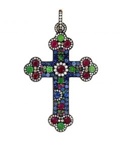 Estate Designer Gold Diamond and Gemstone Cross by Norman Covan