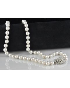 1950's Opera Length Pearl Necklace with Diamond Clasp