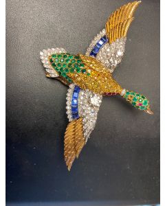 Fasano "Wild Duck" Brooch, Yellow Gold; with Diamonds, Emeralds, Sapphires and Rubies 